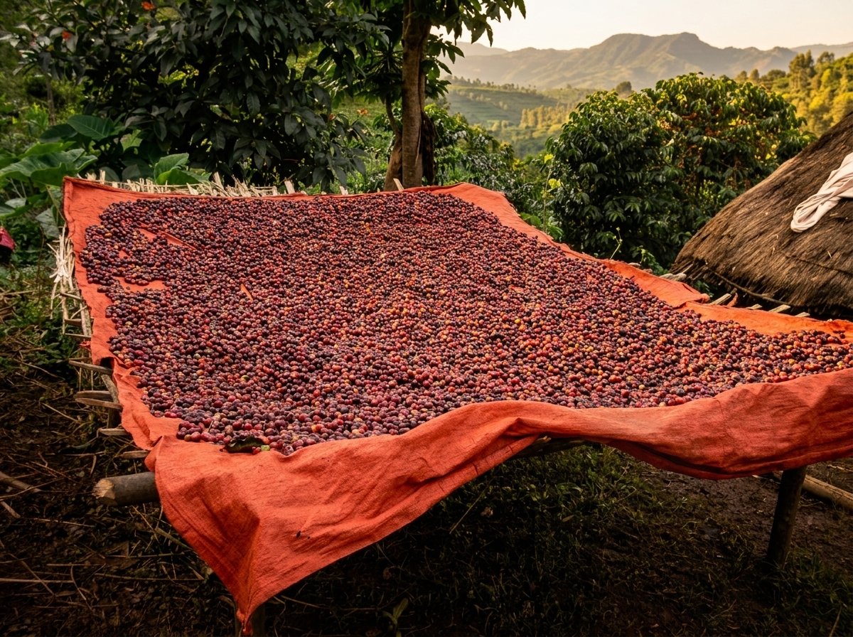 Sonnentrocknung der ganzen roten Kaffeekirschen auf traditionellen Tüchern