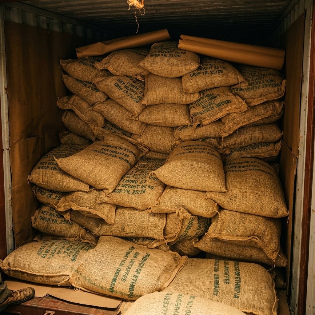 Voll beladener Container mit Produce of Ethiopia Urkaffee